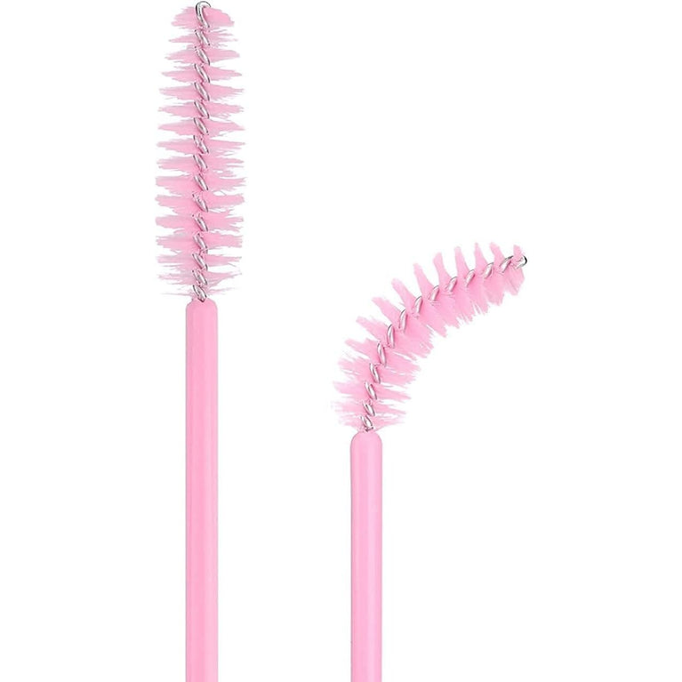 100PCS Glitter Pink Disposable Eyelash Mascara and Lip Brushes Set - 50PCS Eyelash Spoolies and 50PCS Lip Wands for Eyelash Extensions