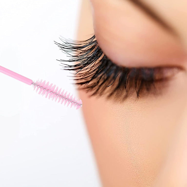 100PCS Glitter Pink Disposable Eyelash Mascara and Lip Brushes Set - 50PCS Eyelash Spoolies and 50PCS Lip Wands for Eyelash Extensions