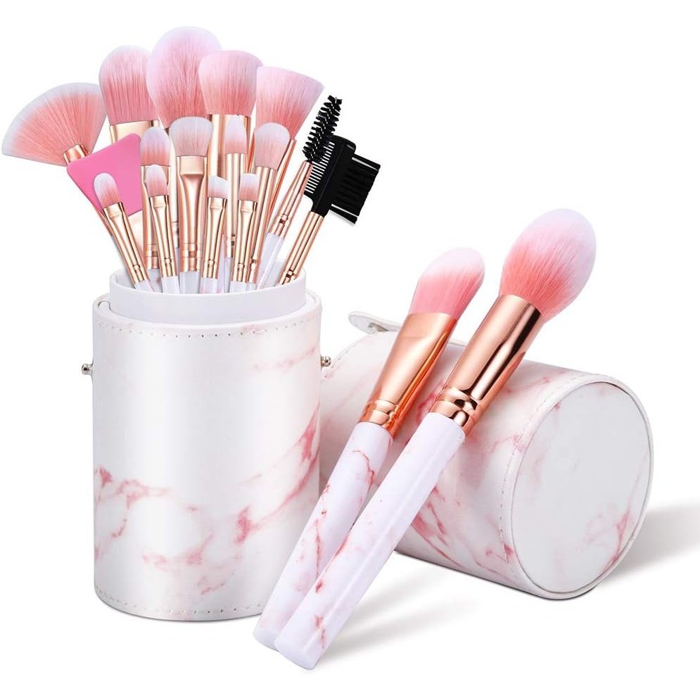 Marble Pattern Makeup Brushes Set with Travel Holder - 16PCS Pink Glamour Gaze Brush Set with Silicone Mask Brush