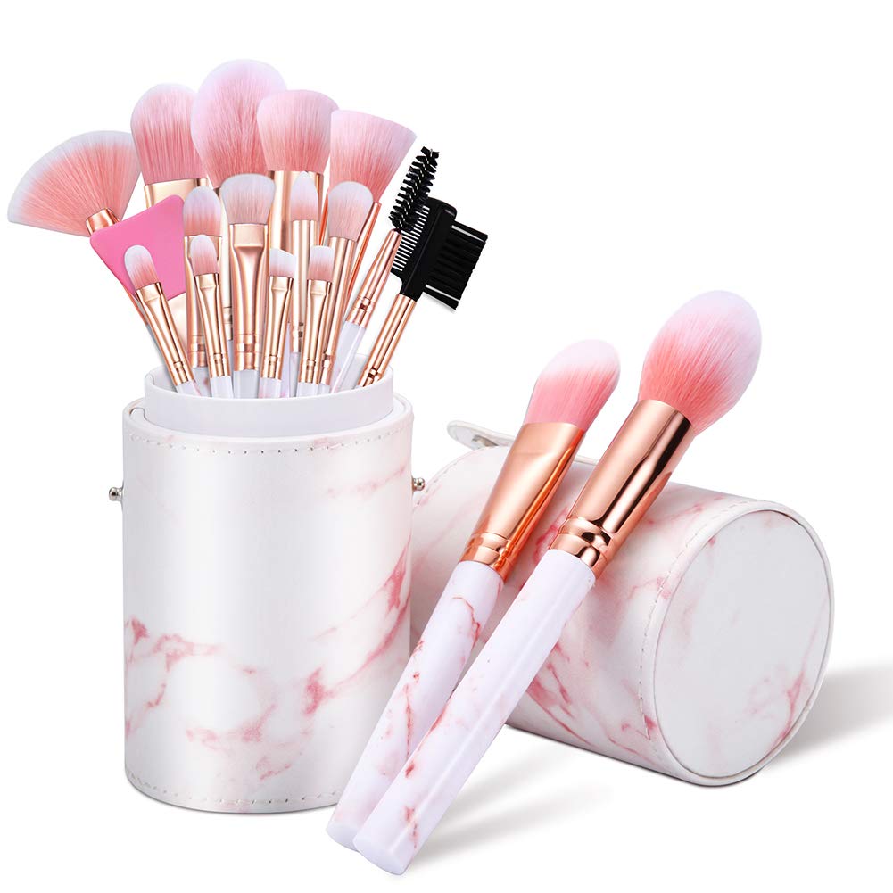 Marble Pattern Makeup Brushes Set with Travel Holder - 16PCS Pink Glamour Gaze Brush Set with Silicone Mask Brush