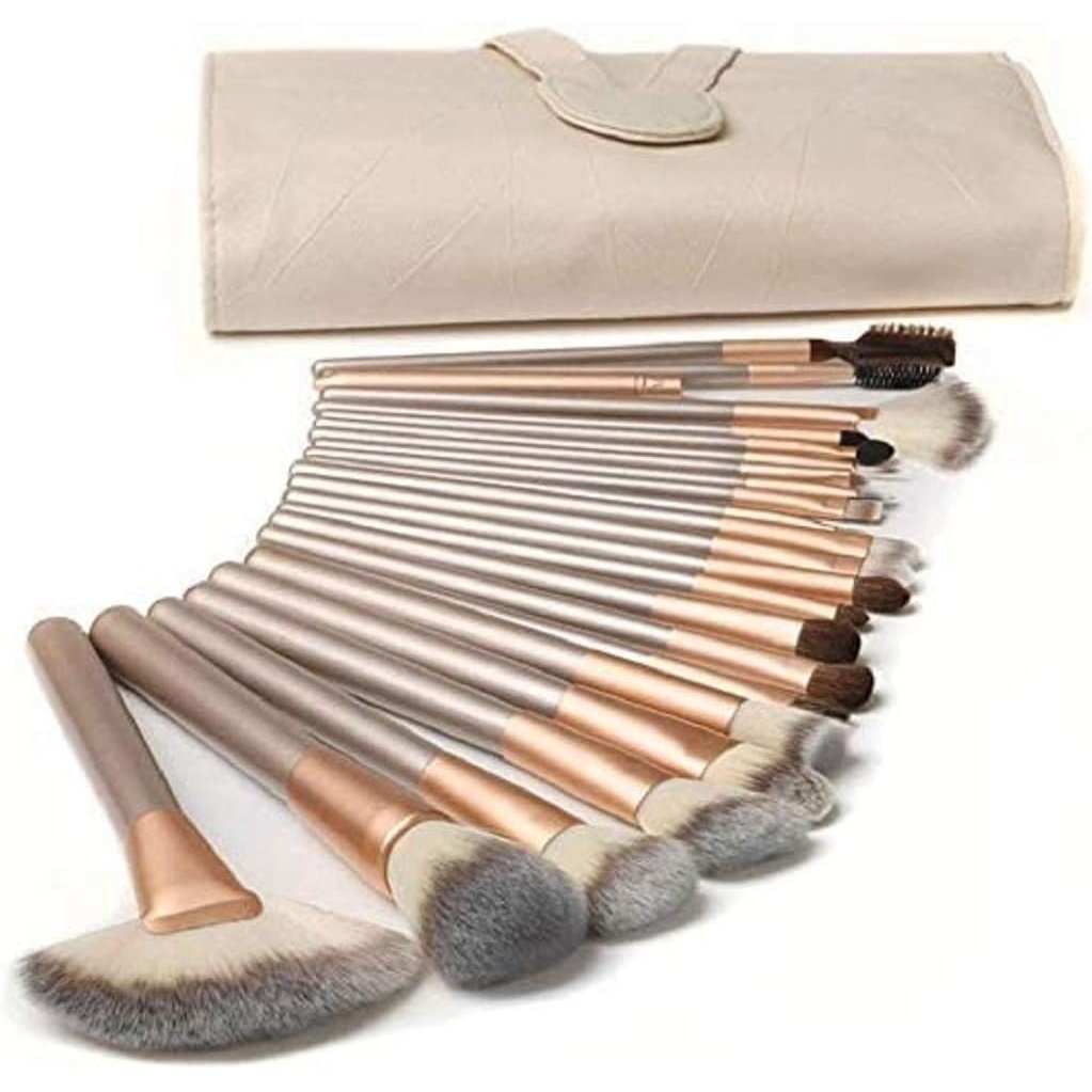 Professional 18-Piece Makeup Brush Set with Ivory White Leather Bag - Ultimate Cosmetic Brushes Kit for Face, Eyes, and Lips