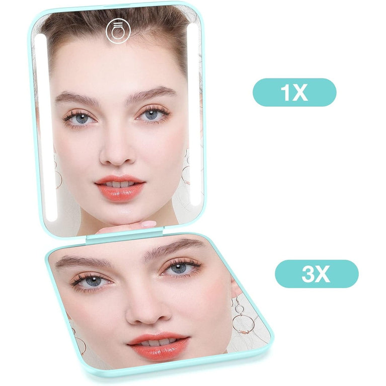 Travel Makeup Mirror with LED Light, 1X/3X Magnification, Compact and Portable Handheld Mirror