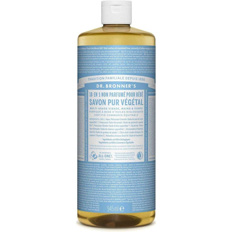 Dr Bronner's 18-in-1 Baby Unscented Pure Castile Liquid Soap, Made with Organic Oils, Used for Face, Hair, Babies, Laundry and Dishes, Certified Fair Trade & Vegan Friendly, 473ml Recyled Bottle