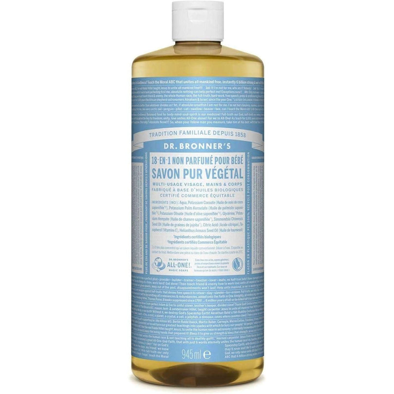 Dr Bronner's 18-in-1 Baby Unscented Pure Castile Liquid Soap, Made with Organic Oils, Used for Face, Hair, Babies, Laundry and Dishes, Certified Fair Trade & Vegan Friendly, 473ml Recyled Bottle