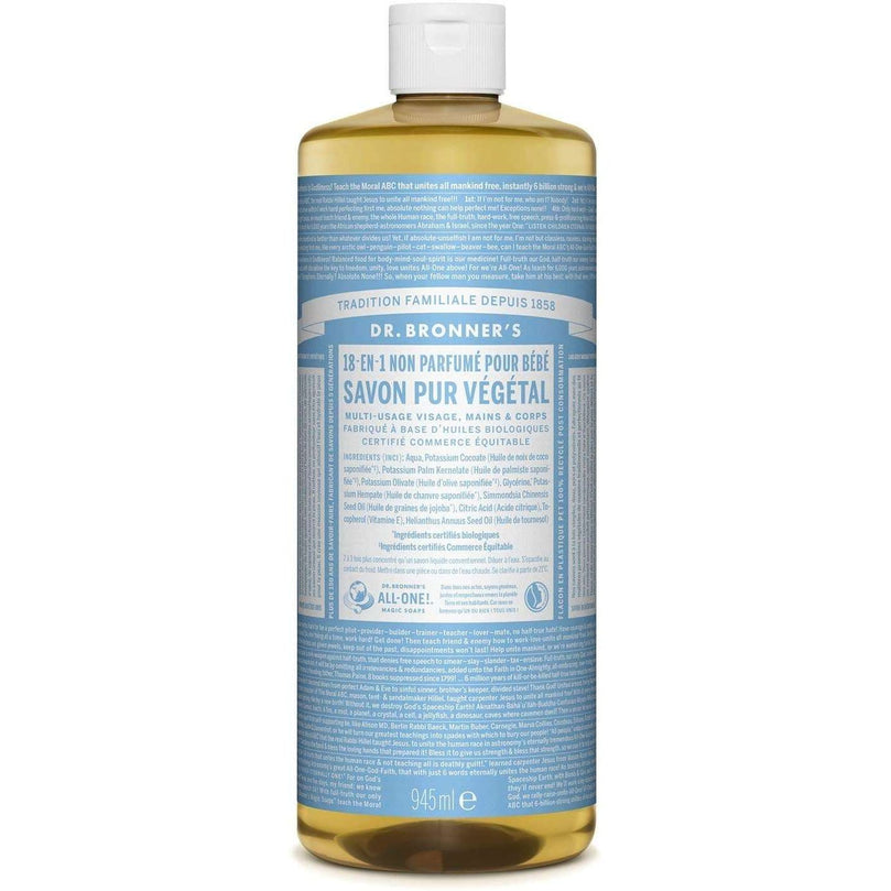 Dr Bronner's 18-in-1 Baby Unscented Pure Castile Liquid Soap, Made with Organic Oils, Used for Face, Hair, Babies, Laundry and Dishes, Certified Fair Trade & Vegan Friendly, 473ml Recyled Bottle