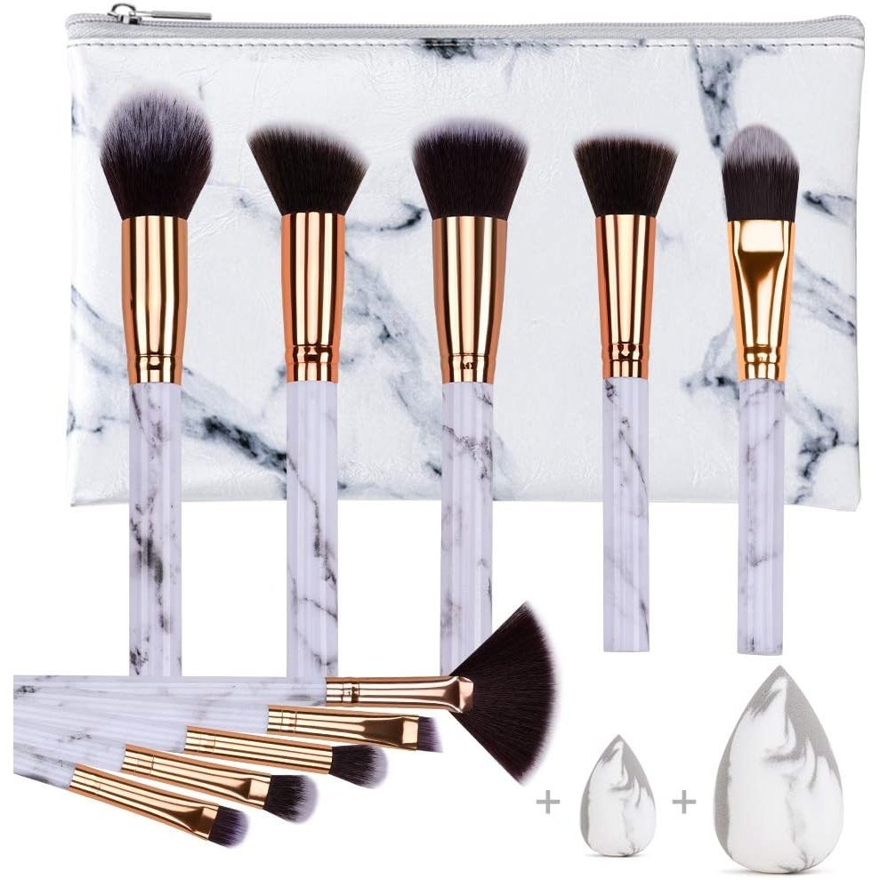 Marble Makeup Brush Set with Cosmetics Bag and Sponge Puff