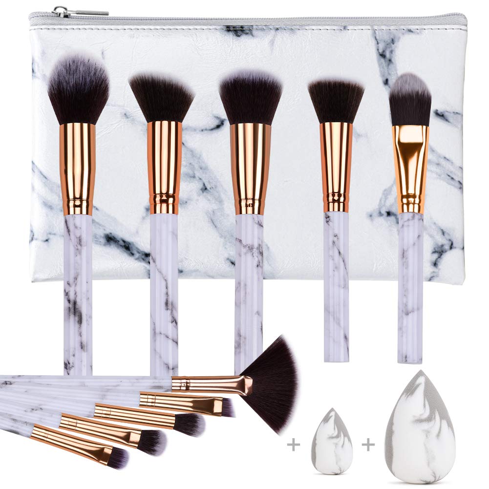 Marble Makeup Brush Set with Cosmetics Bag and Sponge Puff