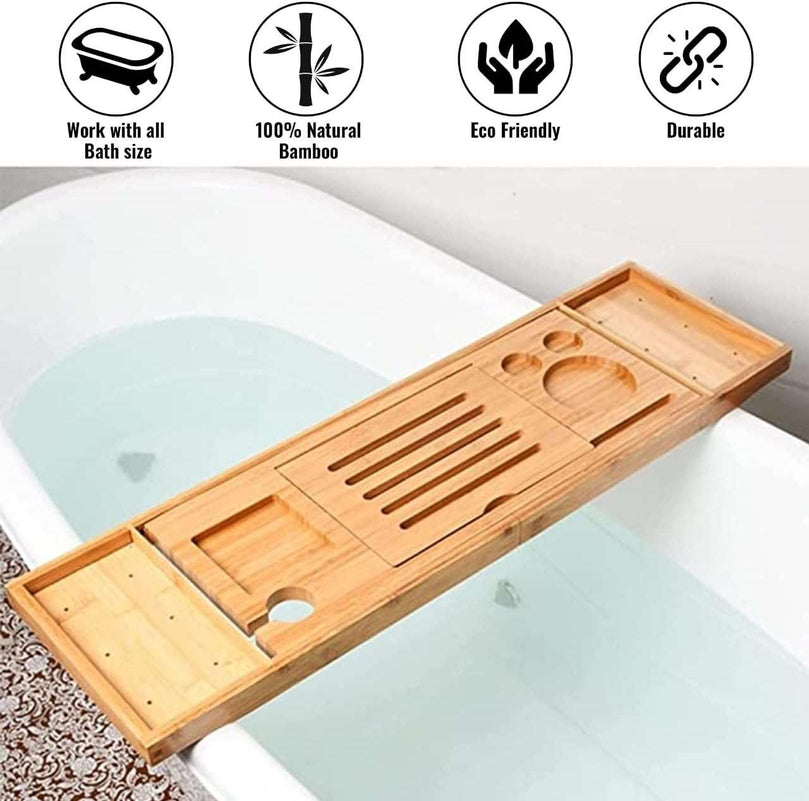 ELT, Bamboo Bath Caddy Bridge, Luxury Bridge Shelf Shower Organizer, Bathtub Caddy Tray, Extendable Spa Organizer, Bathtub Accessories for Tablet Phone Slots, Candle Mug Holder, Non-slip