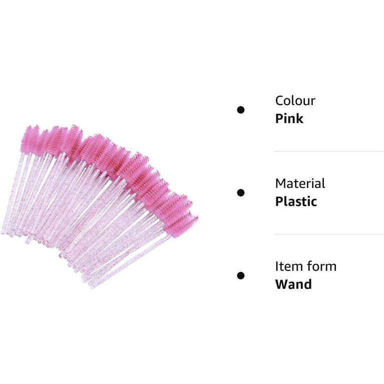 100PCS Glitter Pink Disposable Eyelash Mascara and Lip Brushes Set - 50PCS Eyelash Spoolies and 50PCS Lip Wands for Eyelash Extensions