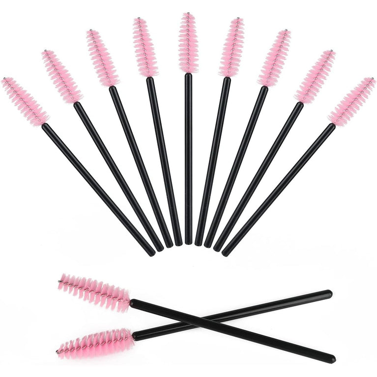100PCS Glitter Pink Disposable Eyelash Mascara and Lip Brushes Set - 50PCS Eyelash Spoolies and 50PCS Lip Wands for Eyelash Extensions
