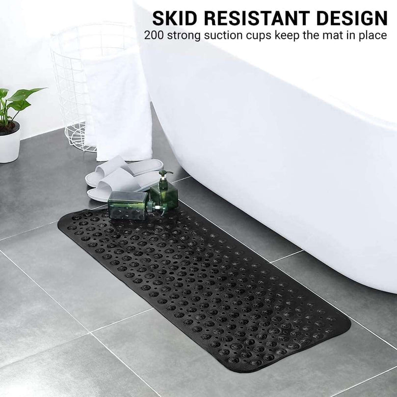 ADOV Bath Mat Non Slip, Anti-Bacterial Bathtub Shower Safety Anti Mould Mats, 200 Strong Suction Cups and Drain Holes, 100 x 40 cm Extra Long Mildew Resistant Machine Washable Bathroom Kids Mat-Black