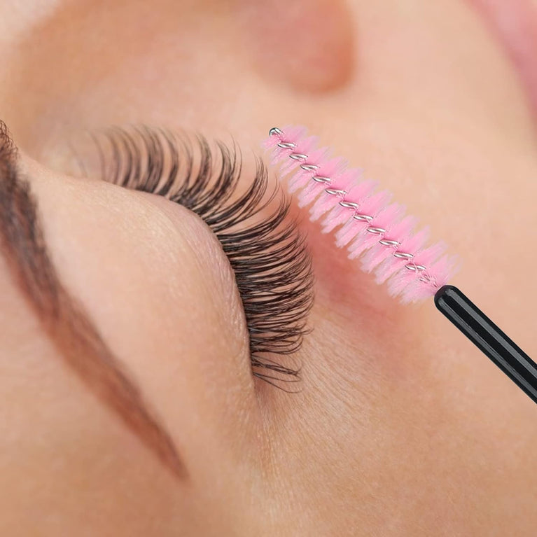 100PCS Glitter Pink Disposable Eyelash Mascara and Lip Brushes Set - 50PCS Eyelash Spoolies and 50PCS Lip Wands for Eyelash Extensions