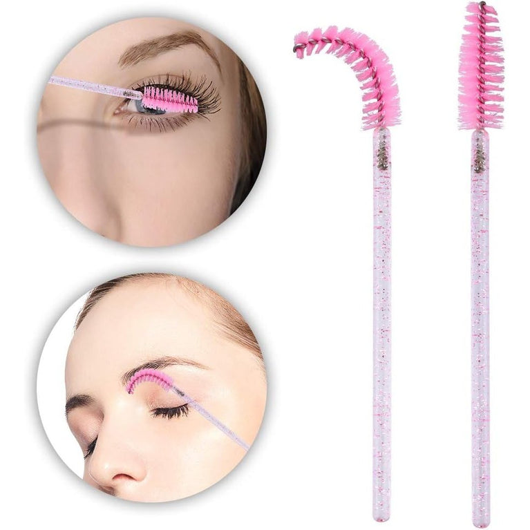 100PCS Glitter Pink Disposable Eyelash Mascara and Lip Brushes Set - 50PCS Eyelash Spoolies and 50PCS Lip Wands for Eyelash Extensions