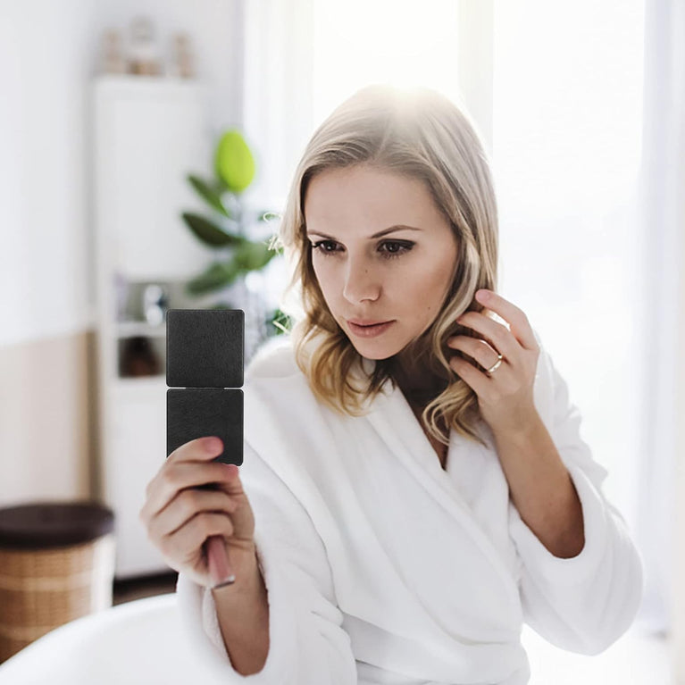 Womens Compact Foldable Magnifying Makeup Mirror - Black PU Leather Pocket Vanity Mirror
