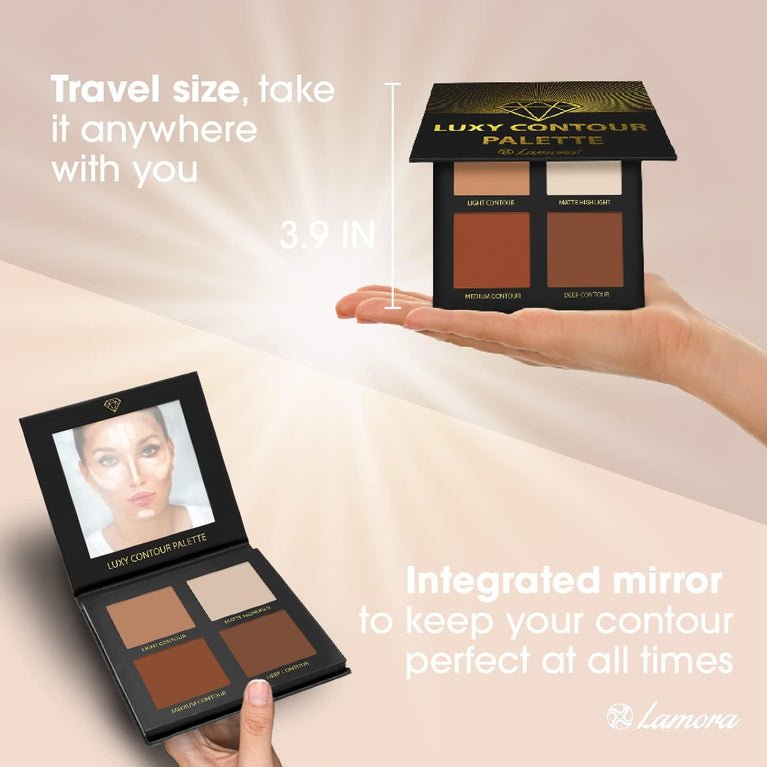 4-Shade Matte Contour Kit with Mirror - Long Lasting, Blendable Makeup Palette for Highlighting and Contouring - Vegan, Hypoallergenic, and Cruelty Free