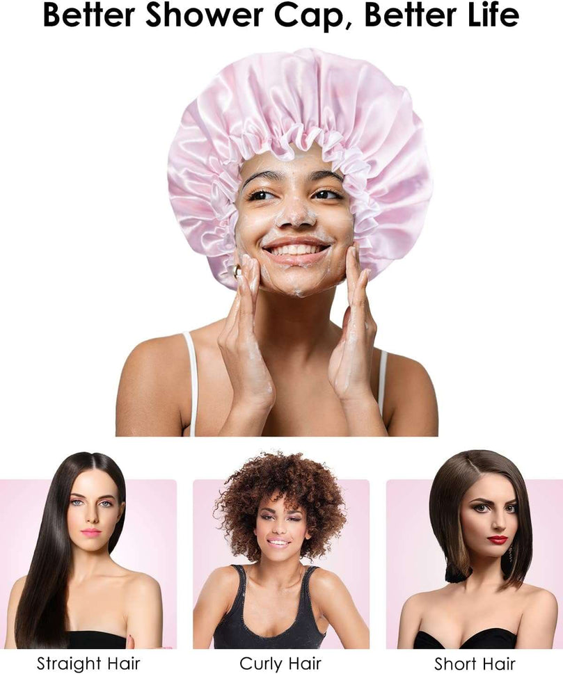 Aquior Shower Caps, Reusable Shower Cap for Women, Double Layer Waterproof Hair Cap, Large Size for All Hair Lengths,for Girls Spa Home Salon Use (Pink Cloud)