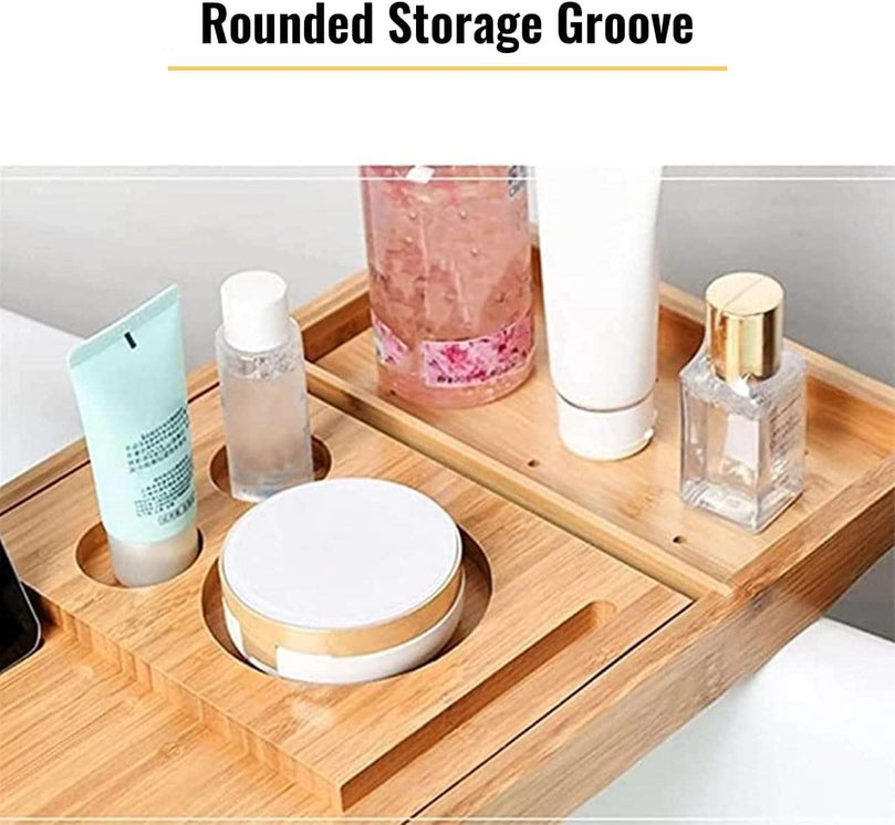 ELT, Bamboo Bath Caddy Bridge, Luxury Bridge Shelf Shower Organizer, Bathtub Caddy Tray, Extendable Spa Organizer, Bathtub Accessories for Tablet Phone Slots, Candle Mug Holder, Non-slip