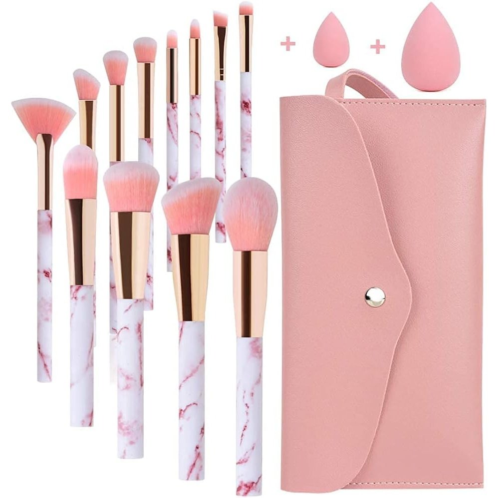 Pink Marble Makeup Brush Set with Blender and Travel Bag - 12Pcs Professional Beauty Kit