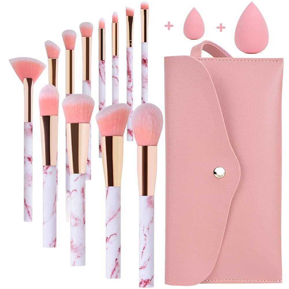 Pink Marble Makeup Brush Set with Blender and Travel Bag - 12Pcs Professional Beauty Kit