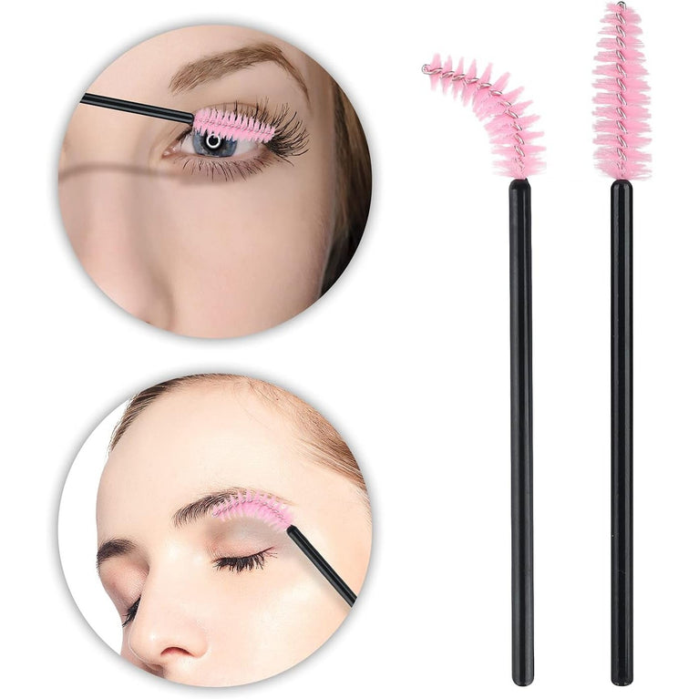 100PCS Glitter Pink Disposable Eyelash Mascara and Lip Brushes Set - 50PCS Eyelash Spoolies and 50PCS Lip Wands for Eyelash Extensions