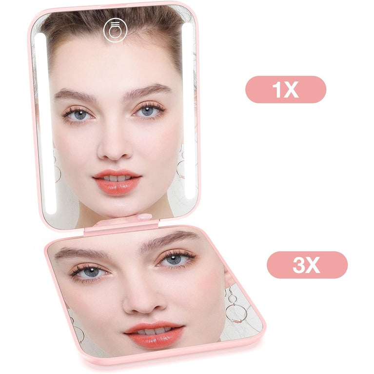 Travel Makeup Mirror with LED Light, 1X/3X Magnification, Compact and Portable Handheld Mirror