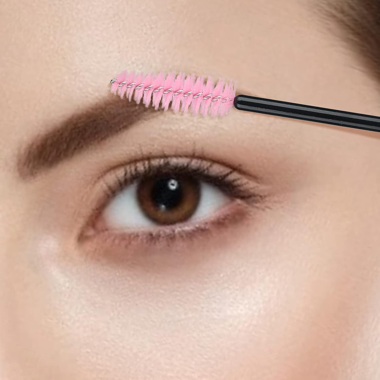 100PCS Glitter Pink Disposable Eyelash Mascara and Lip Brushes Set - 50PCS Eyelash Spoolies and 50PCS Lip Wands for Eyelash Extensions