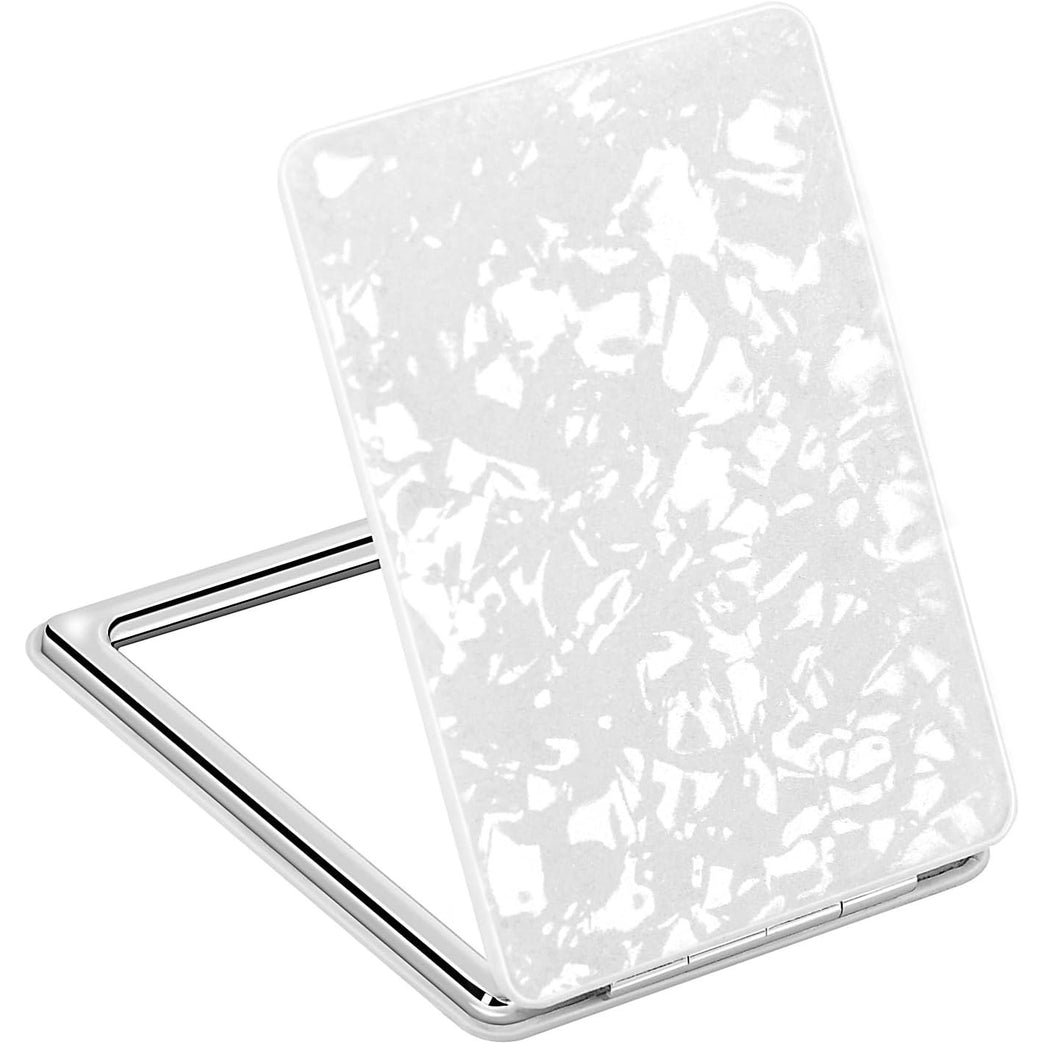 Elegant White Compact Travel Makeup Mirror with Magnifying Feature and 3D Shell Pattern