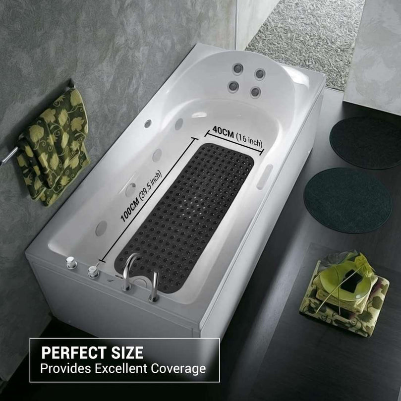ADOV Bath Mat Non Slip, Anti-Bacterial Bathtub Shower Safety Anti Mould Mats, 200 Strong Suction Cups and Drain Holes, 100 x 40 cm Extra Long Mildew Resistant Machine Washable Bathroom Kids Mat-Black