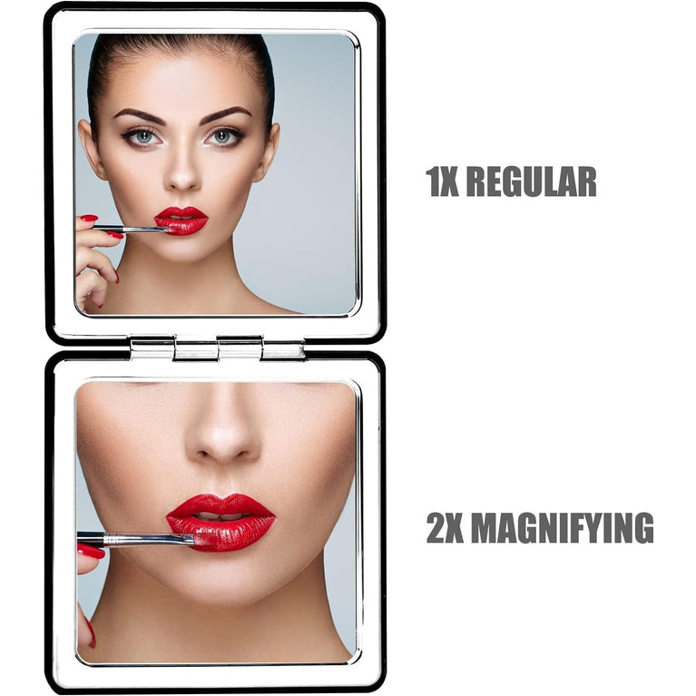 Womens Compact Foldable Magnifying Makeup Mirror - Black PU Leather Pocket Vanity Mirror