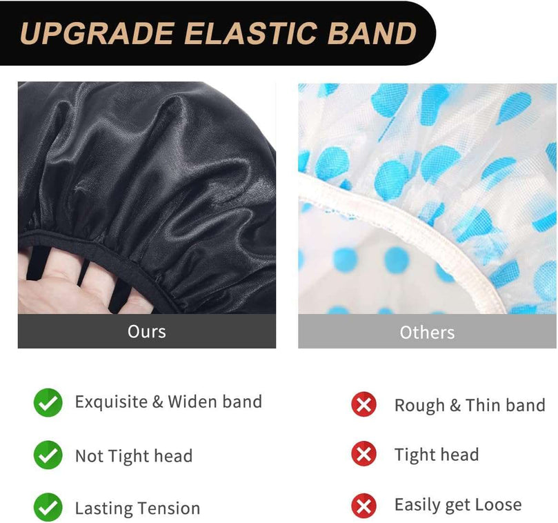 Aquior Shower Cap, Extra Large Shower Cap for Men, Satin EVA Double Layer Waterproof Reusable Hair Cap for Women Long Hair(All Black 4 Pack)