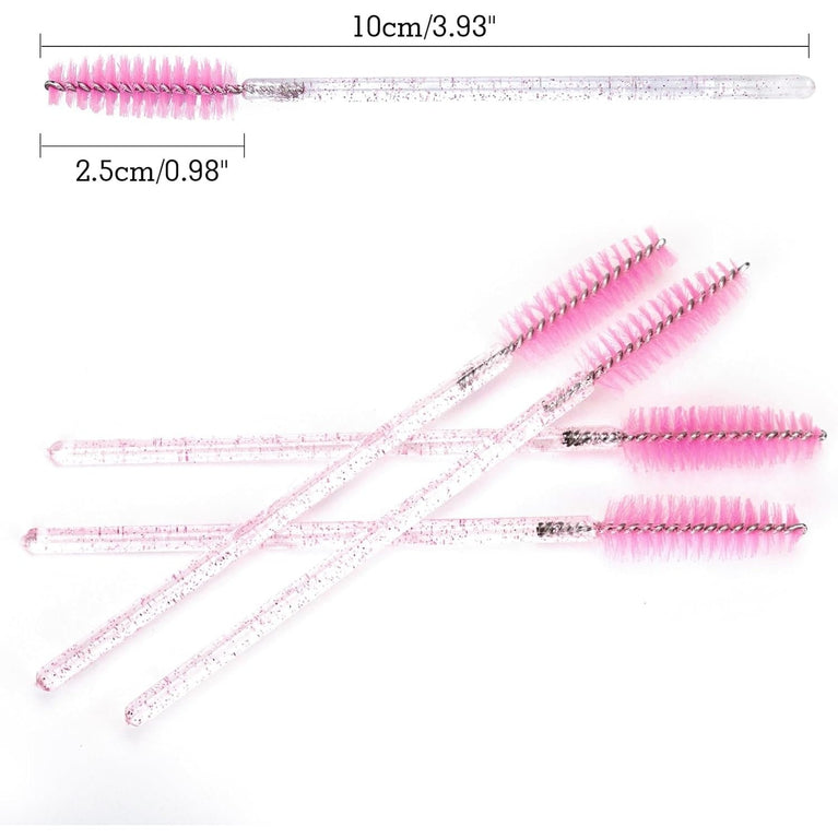 100PCS Glitter Pink Disposable Eyelash Mascara and Lip Brushes Set - 50PCS Eyelash Spoolies and 50PCS Lip Wands for Eyelash Extensions