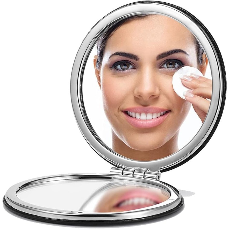 Dual-Sided Compact Mirror with PU Cover and 1X/3X Magnification
