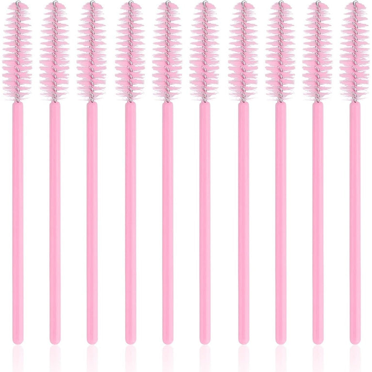100PCS Glitter Pink Disposable Eyelash Mascara and Lip Brushes Set - 50PCS Eyelash Spoolies and 50PCS Lip Wands for Eyelash Extensions