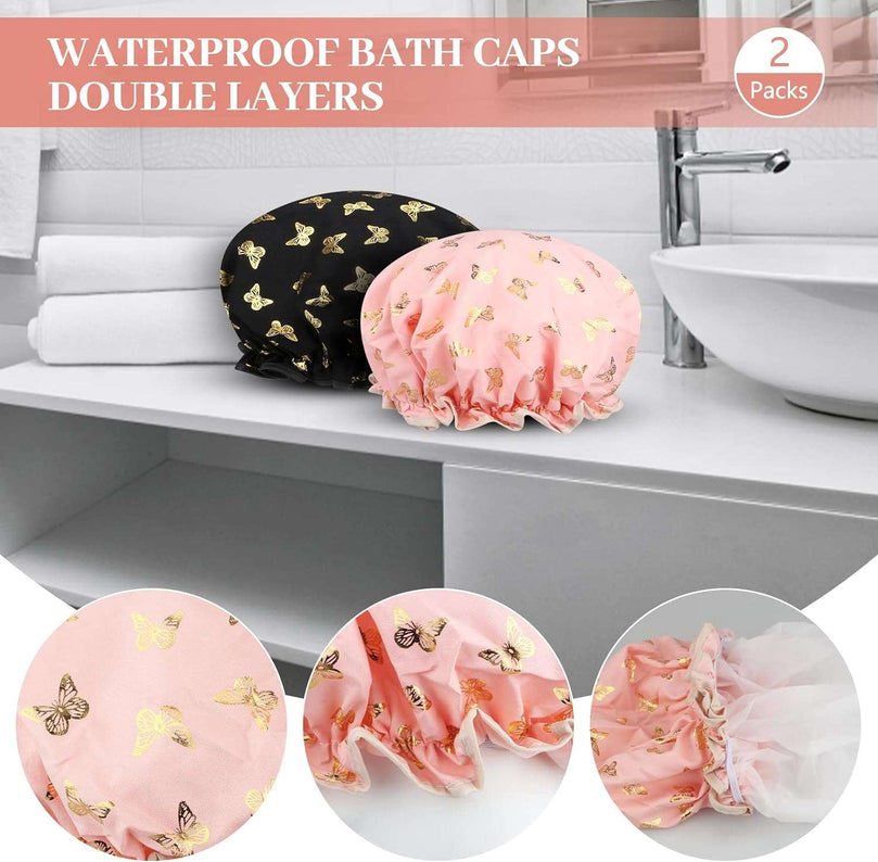 2 PCS Shower Cap Elastic Band Waterproof Bath Caps Double Layers Reusable With Ruffled Edge Covering Ears for Girls and Women