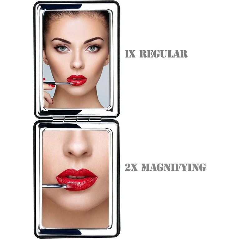 Compact Travel Makeup Mirror with Double-Sided Magnification, Sleek Black Folding Vanity Mirror