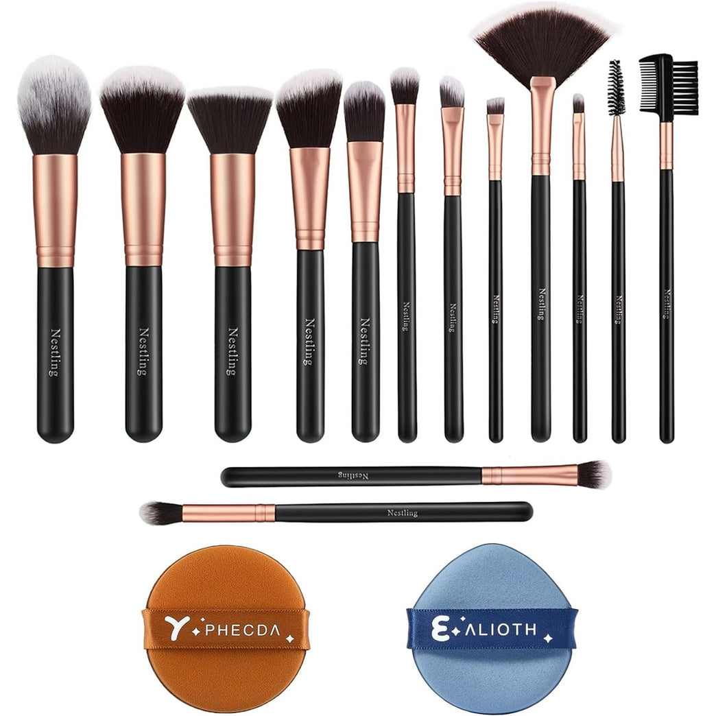 Rose Gold Complete Makeup Brush Set with Bonus Sponge Puffs - Premium Synthetic Brushes for Flawless Application