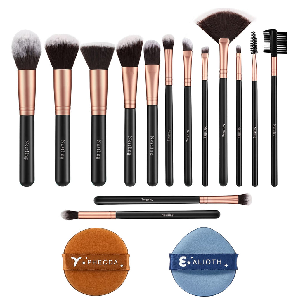 Rose Gold Complete Makeup Brush Set with Bonus Sponge Puffs - Premium Synthetic Brushes for Flawless Application