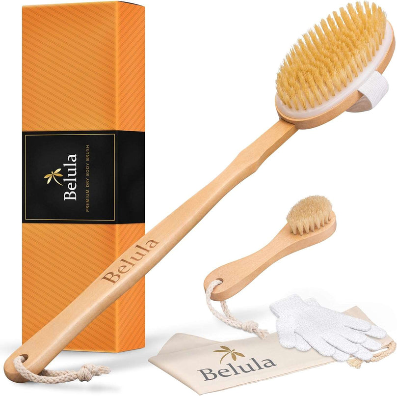Belula Premium Dry Brushing Body Brush Set- Natural Boar Bristle Body Brush, Exfoliating Face Brush & One Pair Bath & Shower Gloves. Free Bag & How to – Great Gift for A Glowing Skin & Healthy Body