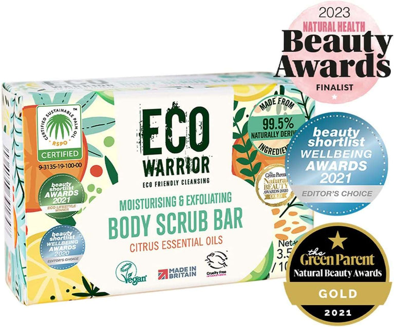 Eco Warrior Body Scrub Soap Bar - Vegan, Cruelty Free, No SLS or Parabens, Whole Body & Hand Soap, Moisturising and Exfoliating Citrus Essential Oils and Oatmeal, Natural Eco Friendly Bar Soap - 100g