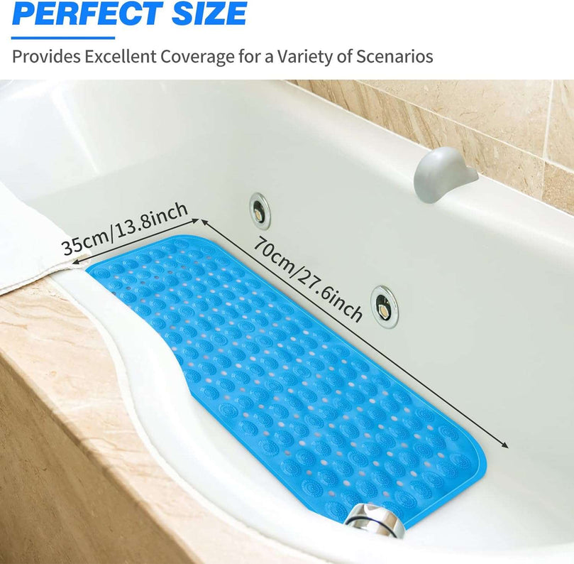Bath Mat Non Slip Anti Mould, Extra Long Bathtub Mats with Drain Holes & Suction Cups Machine Washable Rubber Bathroom Shower Mat for Inside Bath - 70 x 35 cm Blue