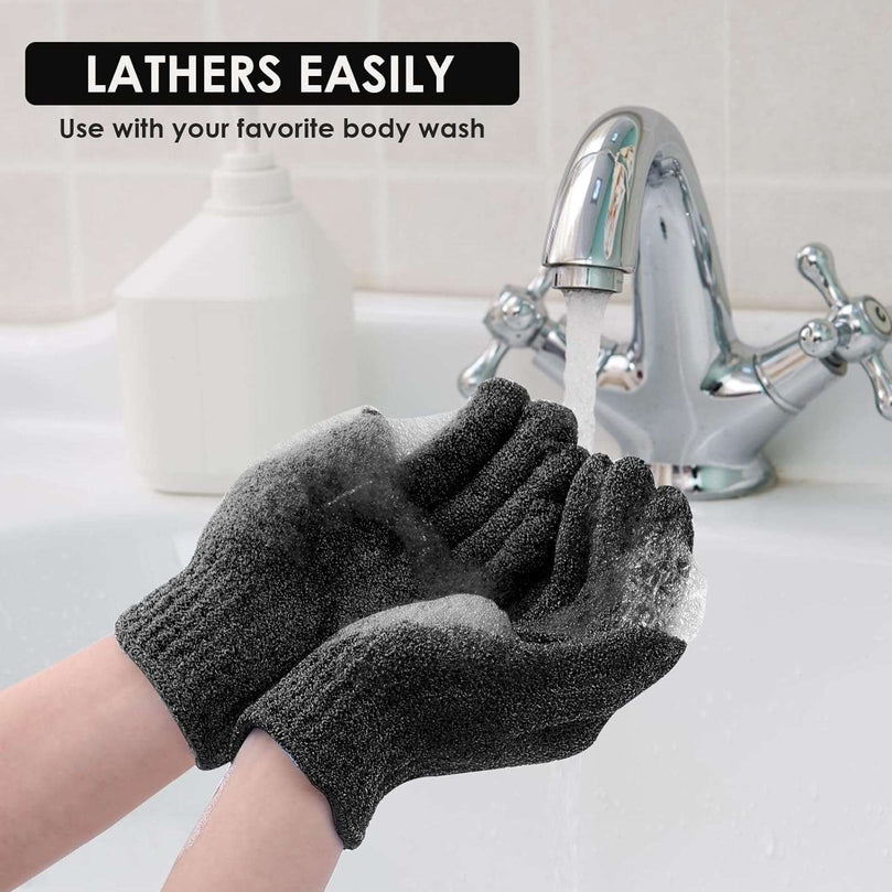 Sibba Bath Gloves for Shower Natural Loofah Exfoliating Wash Gloves for Body and Face, Dead Skin Remover, Double Sided Microfibre Shower Body Gloves for Adults and Kids (Black)
