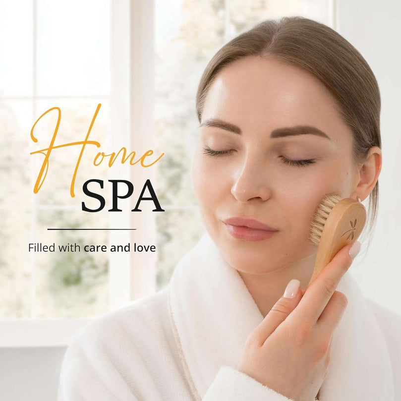 Belula Premium Dry Brushing Body Brush Set- Natural Boar Bristle Body Brush, Exfoliating Face Brush & One Pair Bath & Shower Gloves. Free Bag & How to – Great Gift for A Glowing Skin & Healthy Body