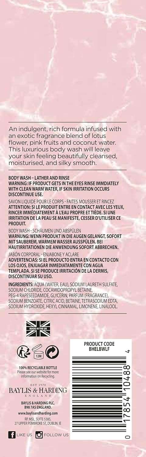 Baylis & Harding Elements Pink Blossom & Lotus Flower Luxury Body Wash, 500 ml (Pack of 4) - Vegan Friendly