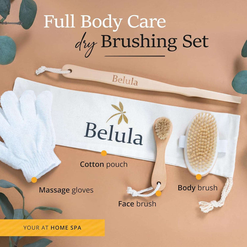 Belula Premium Dry Brushing Body Brush Set- Natural Boar Bristle Body Brush, Exfoliating Face Brush & One Pair Bath & Shower Gloves. Free Bag & How to – Great Gift for A Glowing Skin & Healthy Body