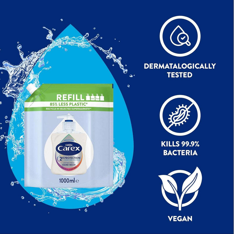 Carex 2 Hour Protection Antibacterial Moisture Hand Wash Refills, Liquid Hand Soap Eco Refill for Homes & Businesses, Caring Hand Wash, Bulk Buy, Pack of 3 x 1 litre