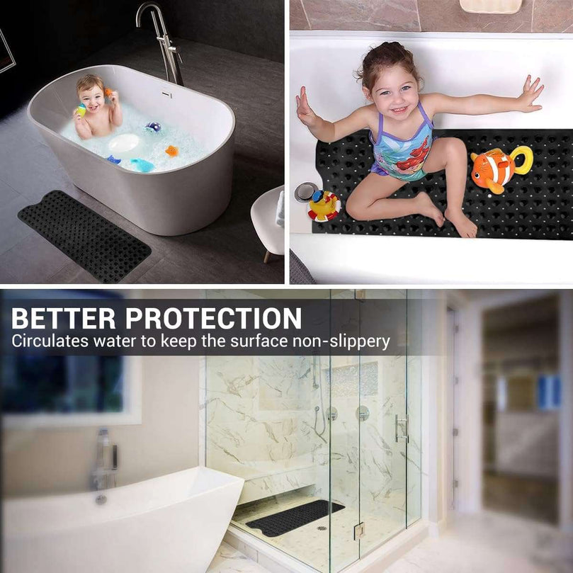 ADOV Bath Mat Non Slip, Anti-Bacterial Bathtub Shower Safety Anti Mould Mats, 200 Strong Suction Cups and Drain Holes, 100 x 40 cm Extra Long Mildew Resistant Machine Washable Bathroom Kids Mat-Black