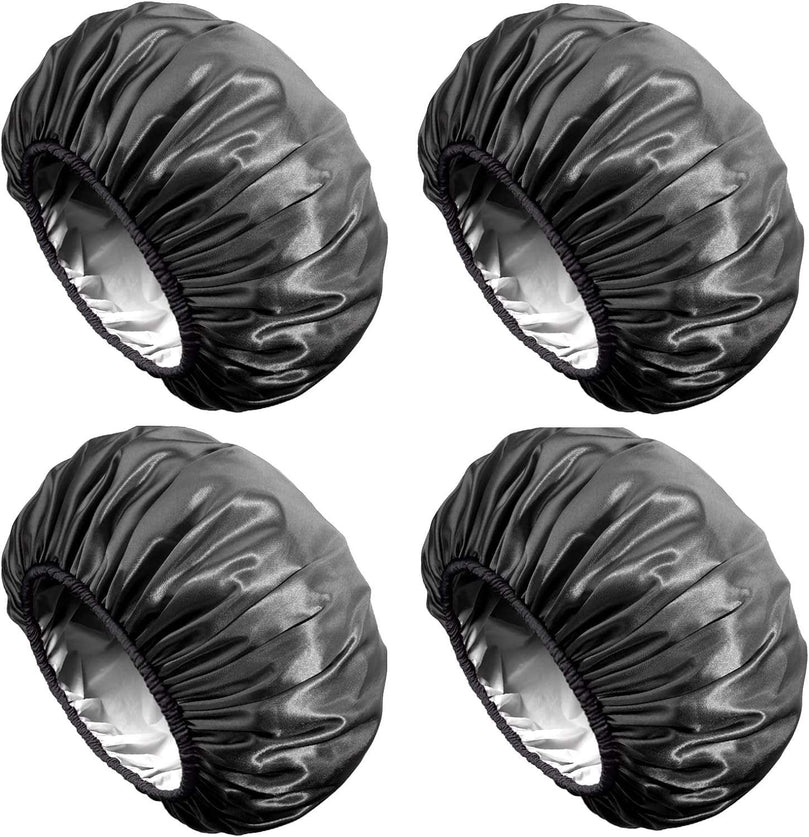Aquior Shower Cap, Extra Large Shower Cap for Men, Satin EVA Double Layer Waterproof Reusable Hair Cap for Women Long Hair(All Black 4 Pack)