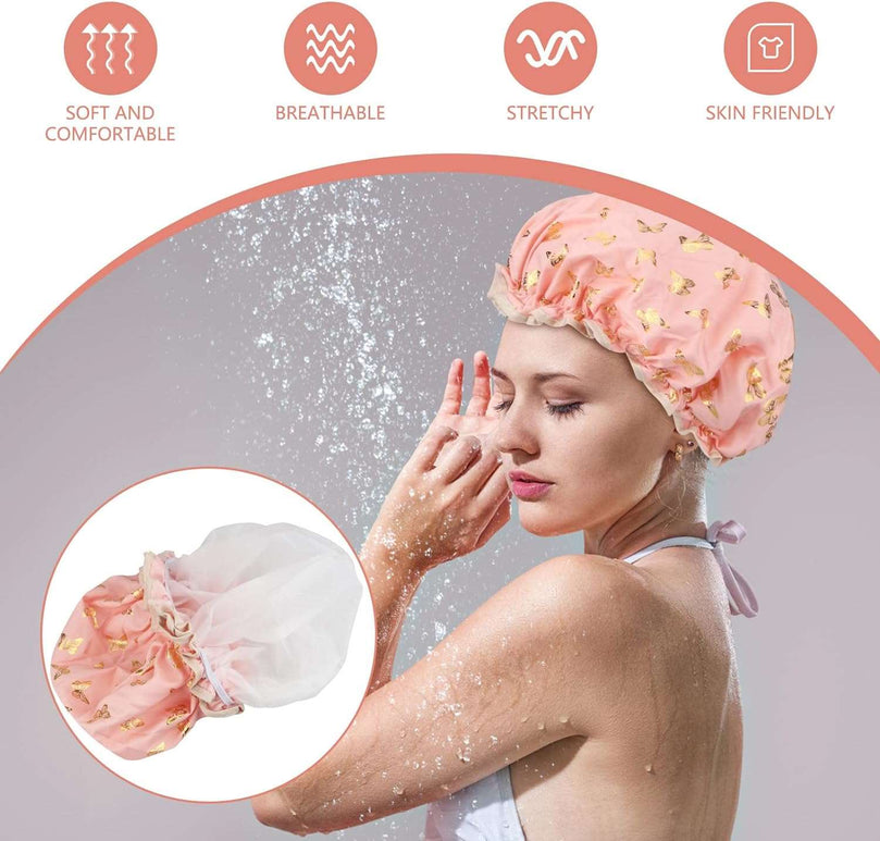2 PCS Shower Cap Elastic Band Waterproof Bath Caps Double Layers Reusable With Ruffled Edge Covering Ears for Girls and Women