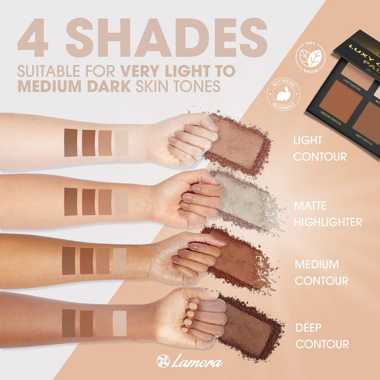 4-Shade Matte Contour Kit with Mirror - Long Lasting, Blendable Makeup Palette for Highlighting and Contouring - Vegan, Hypoallergenic, and Cruelty Free
