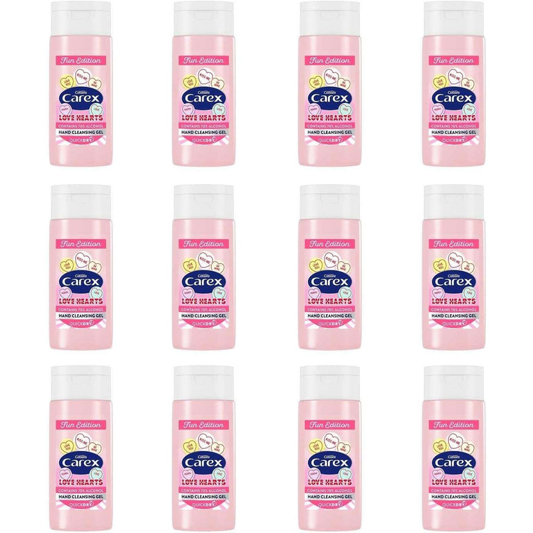 Carex Love Hearts Cleansing Hand Gel Pack of 12, Refreshing Hand Gels with 70% Alcohol, Fun Editions Scented Hand Gel that Cleans, Cares and Protects, 50 ml